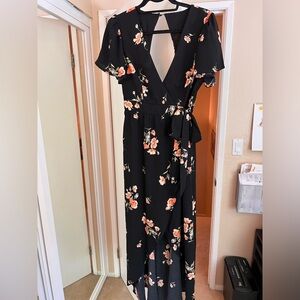 Lulus Black Floral Asymmetrical Dress with Open Back